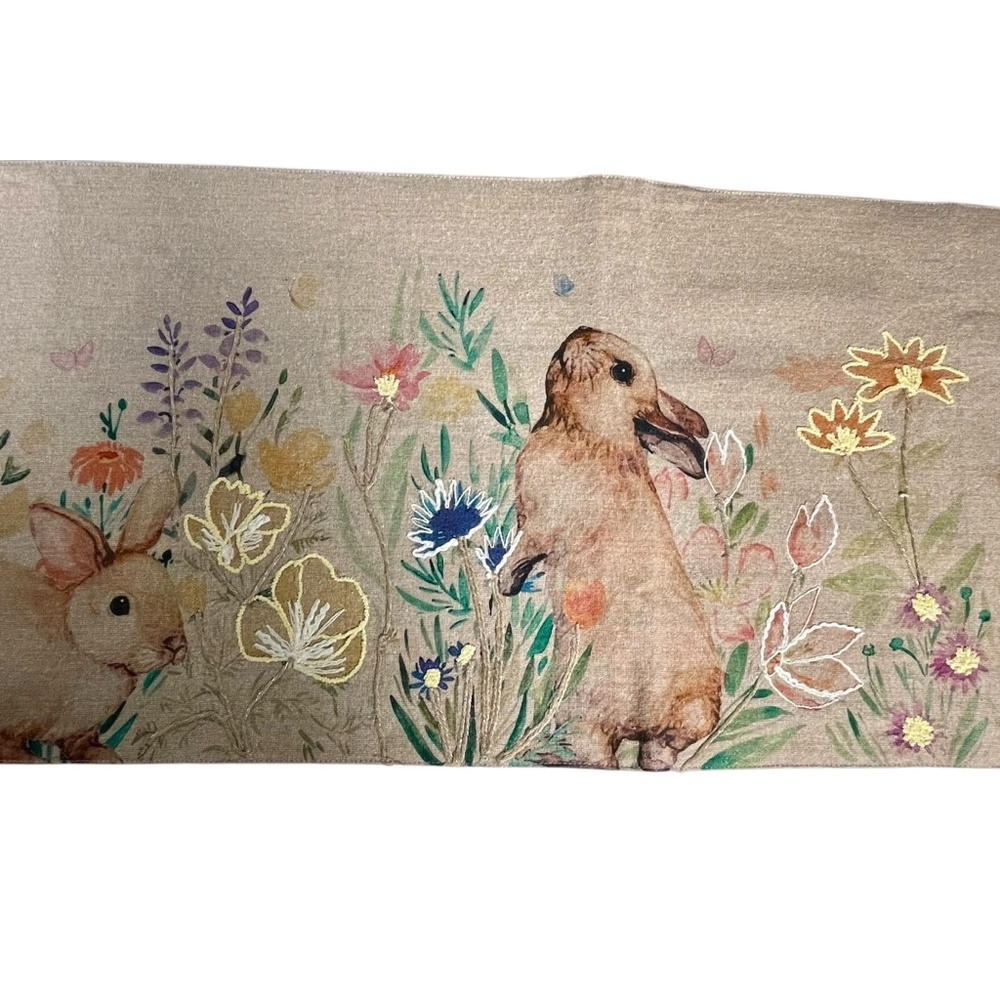 Rachel Zoe 72” Table Runner Beige Bunny Floral Print Easter Holiday Cottage Tan - Picture 3 of 8